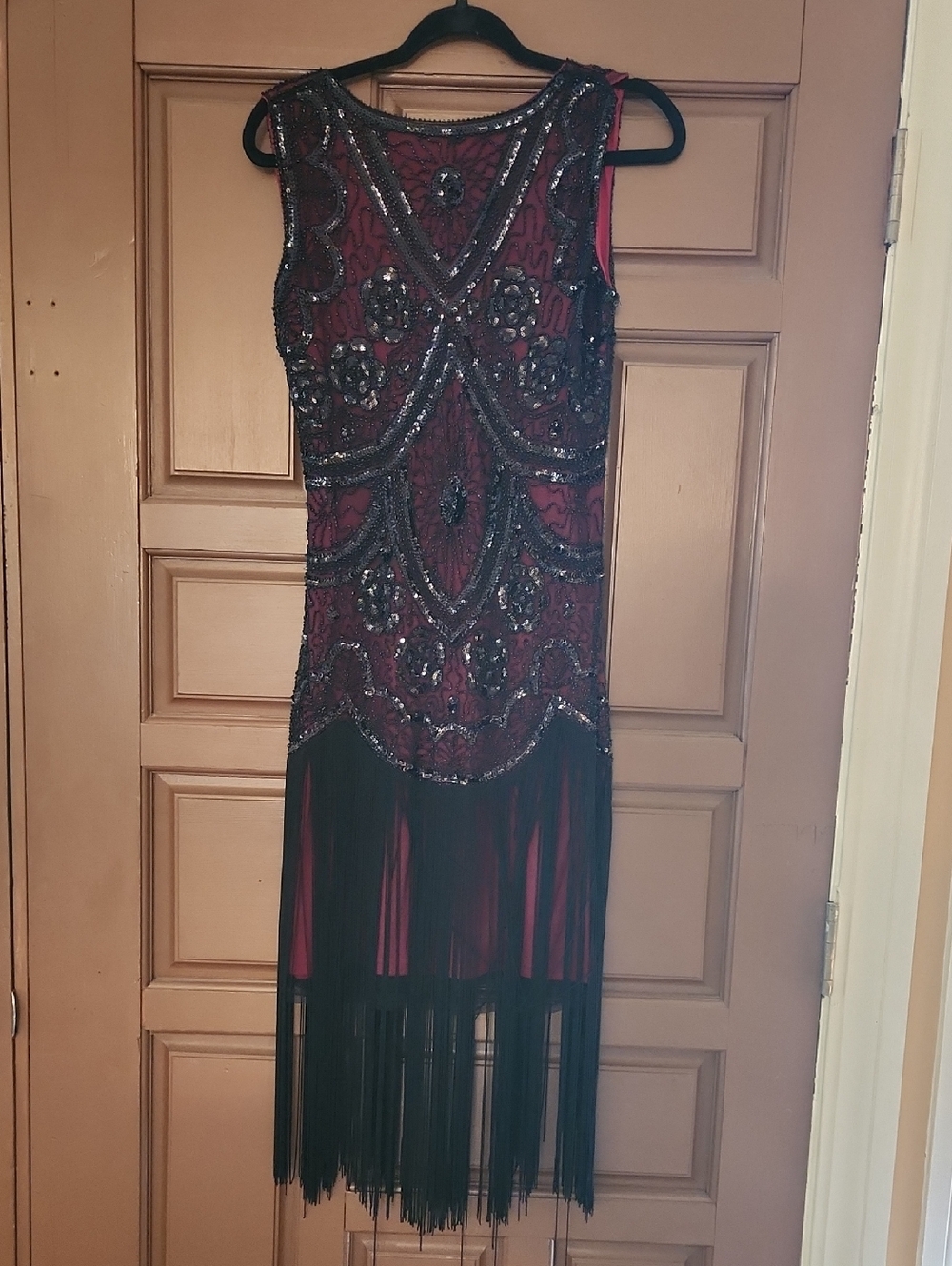 Beaded Fringe Cocktail Dress - Crimson/Black